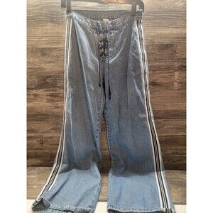Blue Lace Up Mid Rise Flare Leg Side Stripes Y2K Rare Jeans Size 9